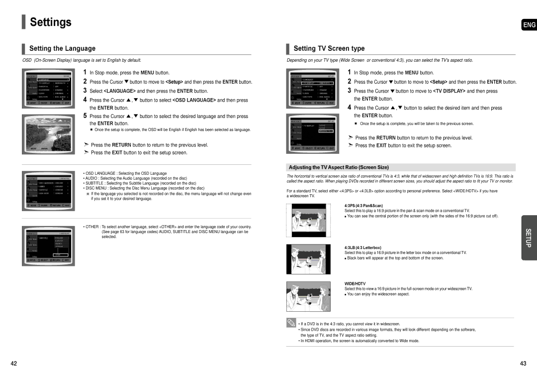 Samsung AH68-01957C Settings, Setting the Language, Setting TV Screen type, Adjusting the TV Aspect Ratio Screen Size 