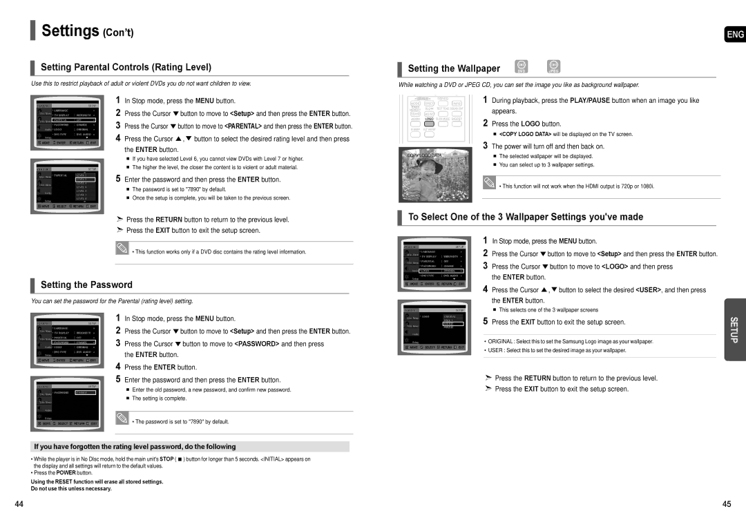 Samsung AH68-01957C instruction manual Settings Con’t, Setting Parental Controls Rating Level, Setting the Password 