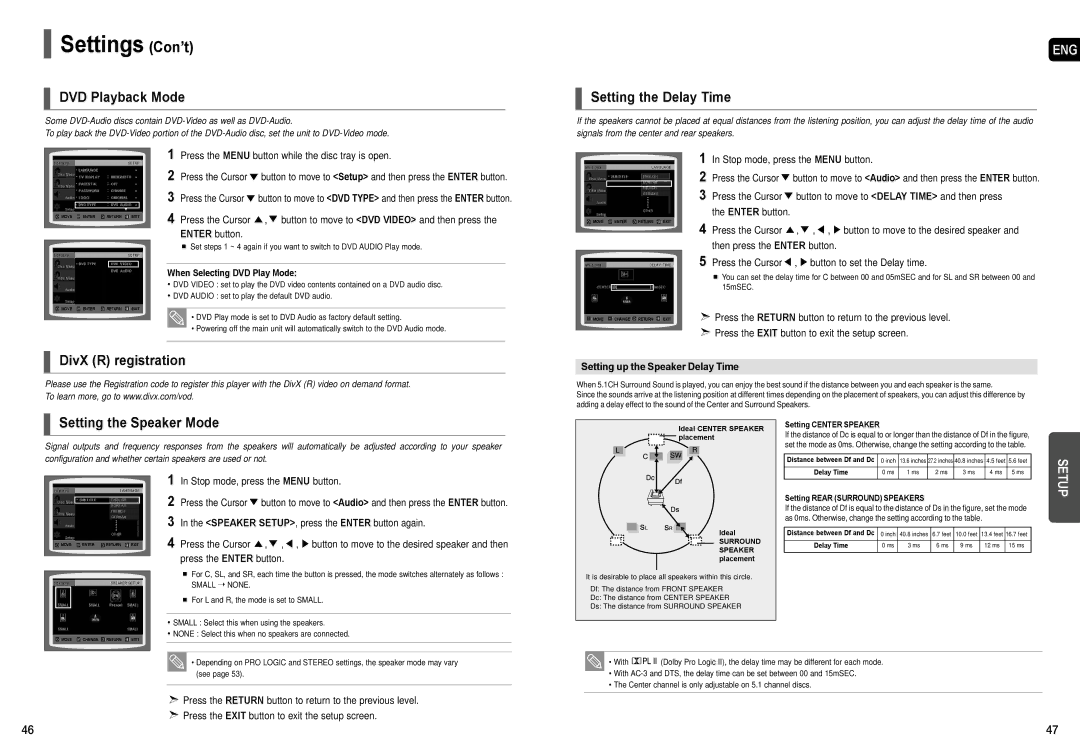 Samsung AH68-01957C DVD Playback Mode, Setting the Delay Time, DivX R registration, Setting the Speaker Mode 