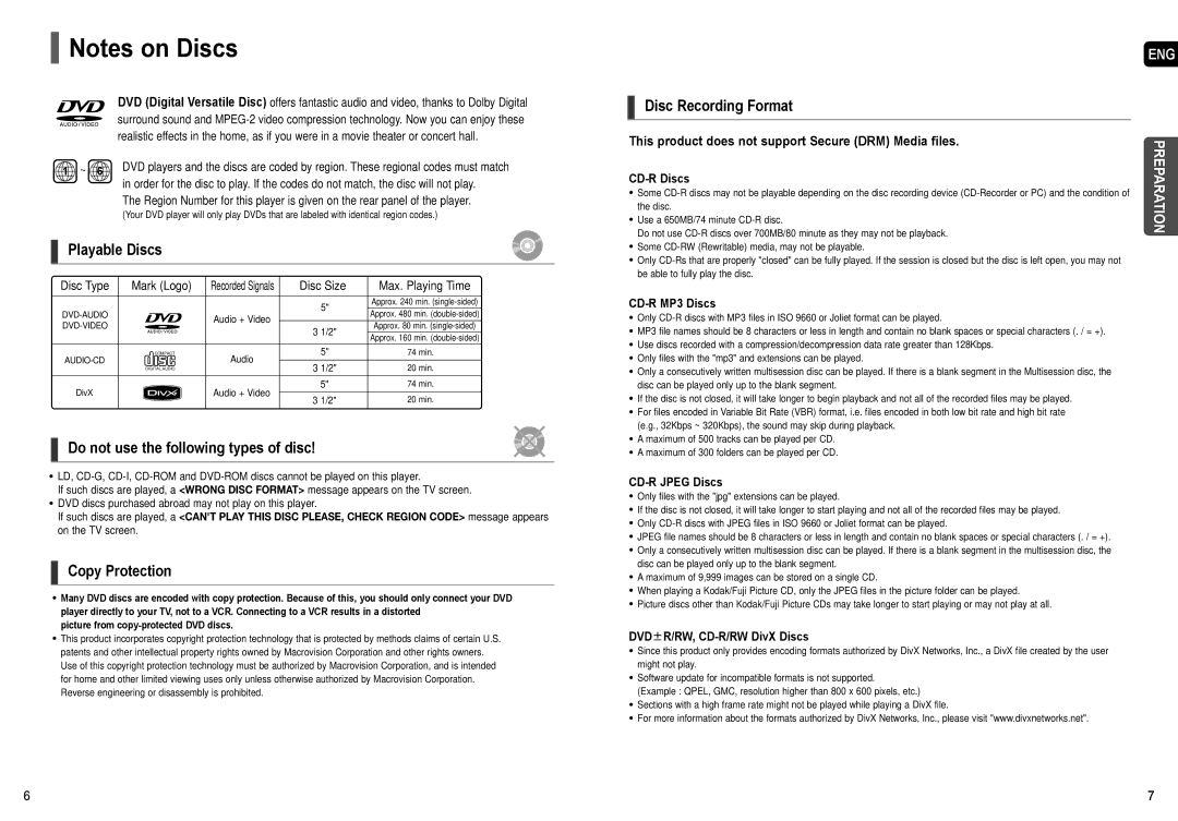 Samsung AH68-01957C Playable Discs, Do not use the following types of disc, Copy Protection, Disc Recording Format 