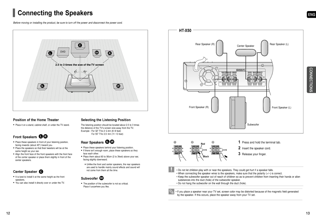 Samsung AH68-01957C instruction manual Connecting the Speakers, HT-X50 