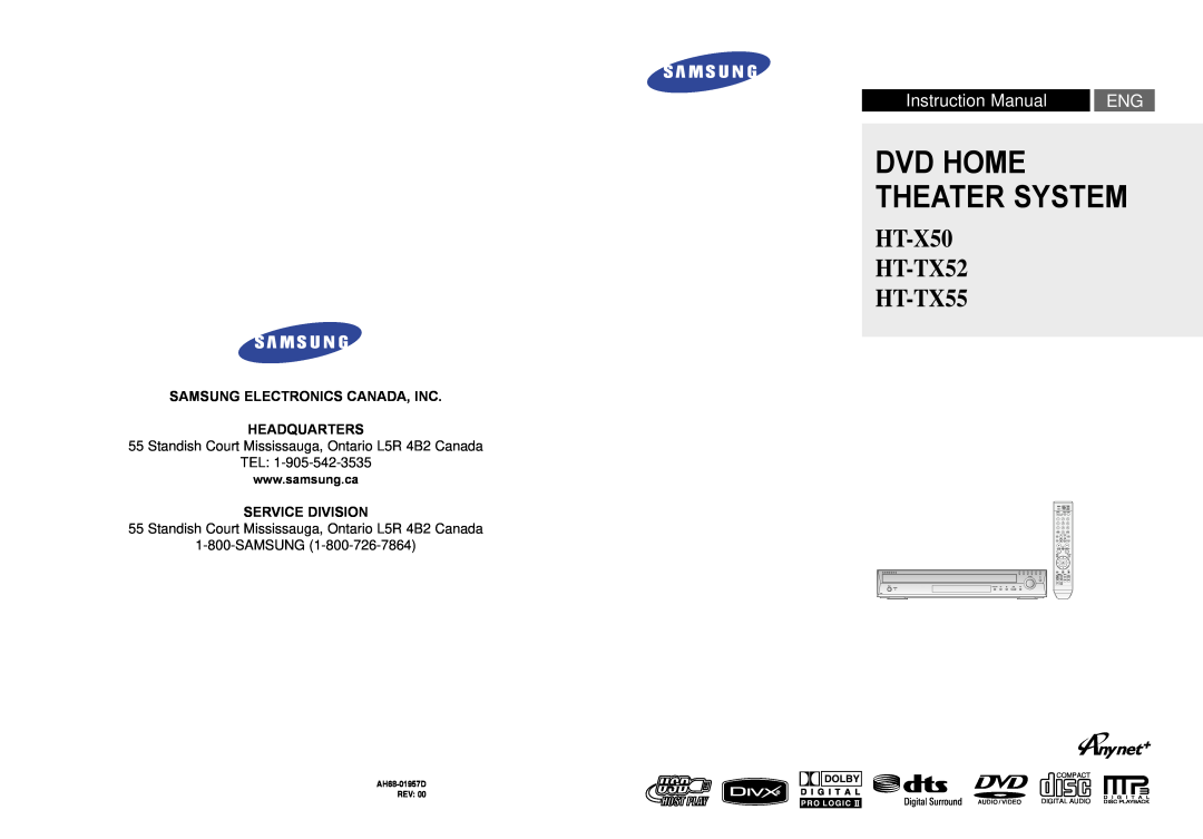 Samsung AH68-01957C instruction manual Tel, Dvd Home Theater System, HT-X50 HT-TX52 HT-TX55, Rev, AH68-01957D 