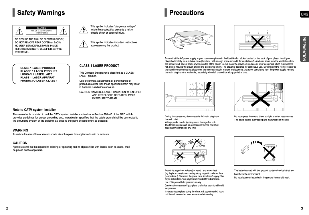 Samsung AH68-01957C Safety Warnings, Precautions, Preparation, CLASS 1 LASER PRODUCT KLASSE 1 LASER PRODUKT 