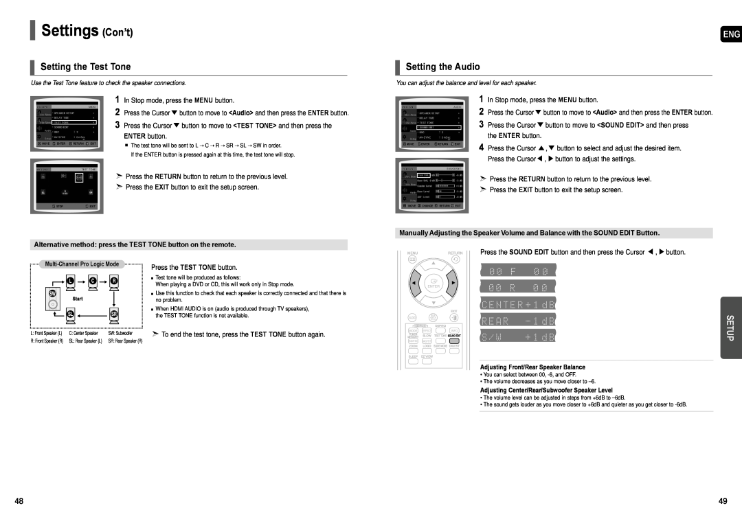 Samsung AH68-01957C instruction manual Setting the Test Tone, Setting the Audio, Settings Con’t, Setup 