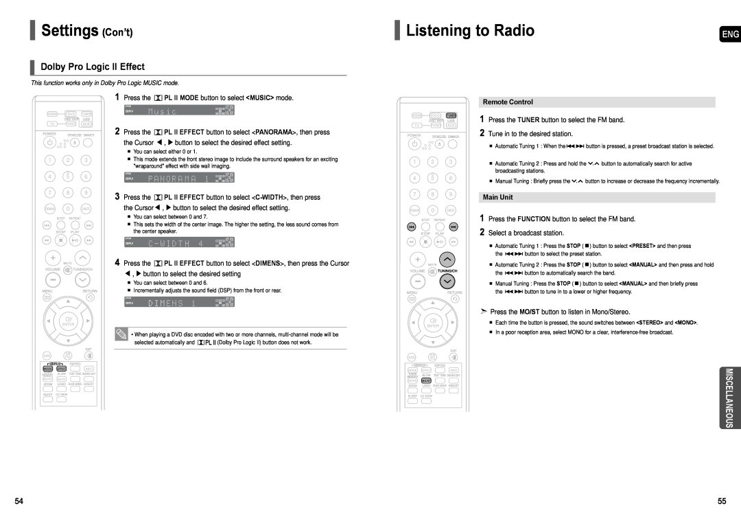 Samsung AH68-01957C instruction manual Listening to Radio, Dolby Pro Logic II Effect, Settings Con’t, Miscellaneous 