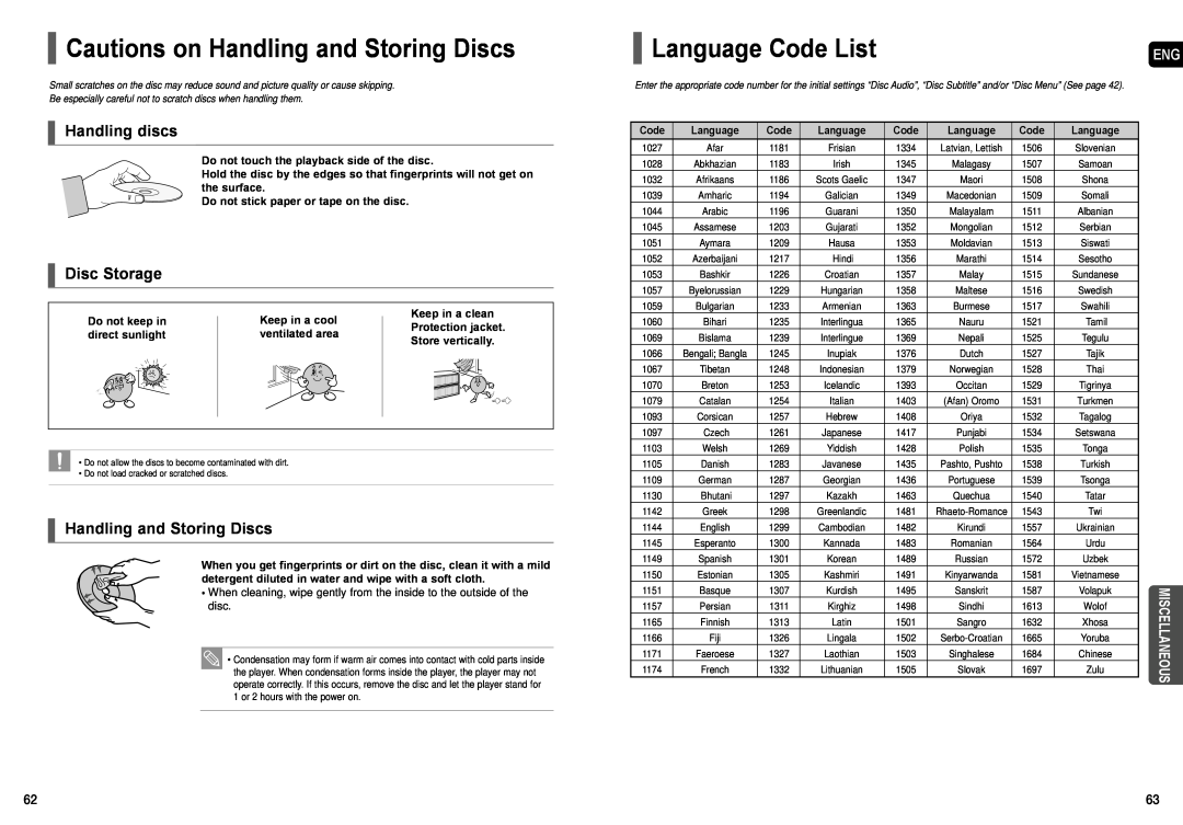 Samsung AH68-01957C Cautions on Handling and Storing Discs, Language Code List, Handling discs, Disc Storage 