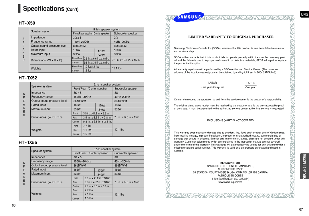 Samsung AH68-01957C Specifications Con’t, Ht, HT - TX52, HT - TX55, Limited Warranty To Original Purchaser, Miscellaneous 