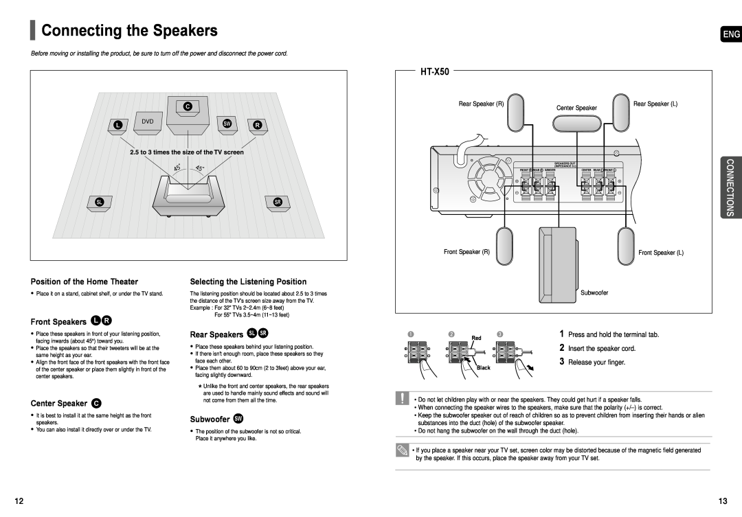 Samsung AH68-01957C instruction manual Connecting the Speakers, HT-X50, Connections 