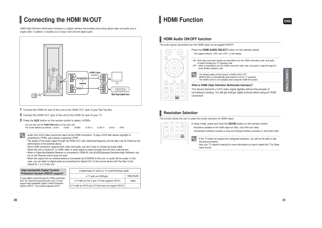 Samsung AH68-01959S Connecting the Hdmi IN/OUT, Hdmi Function, Hdmi Audio ON/OFF function, Resolution Selection 