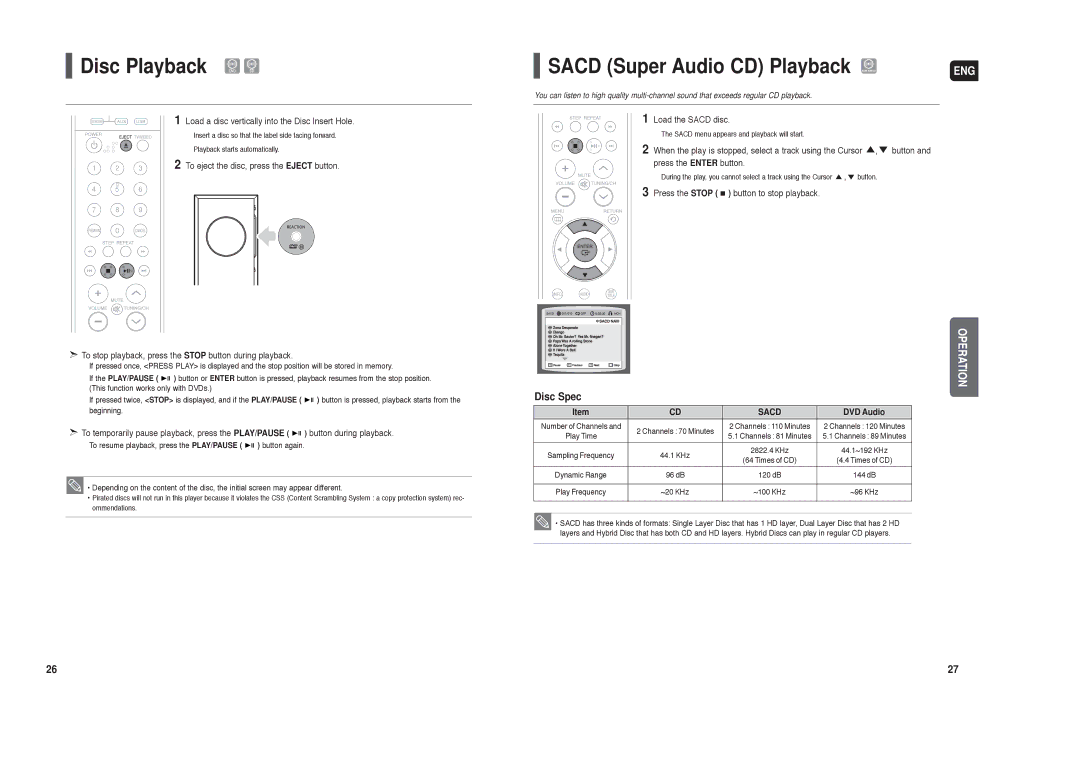 Samsung AH68-01959S instruction manual Disc Playback, Sacd Super Audio CD Playback, Disc Spec, DVD Audio 