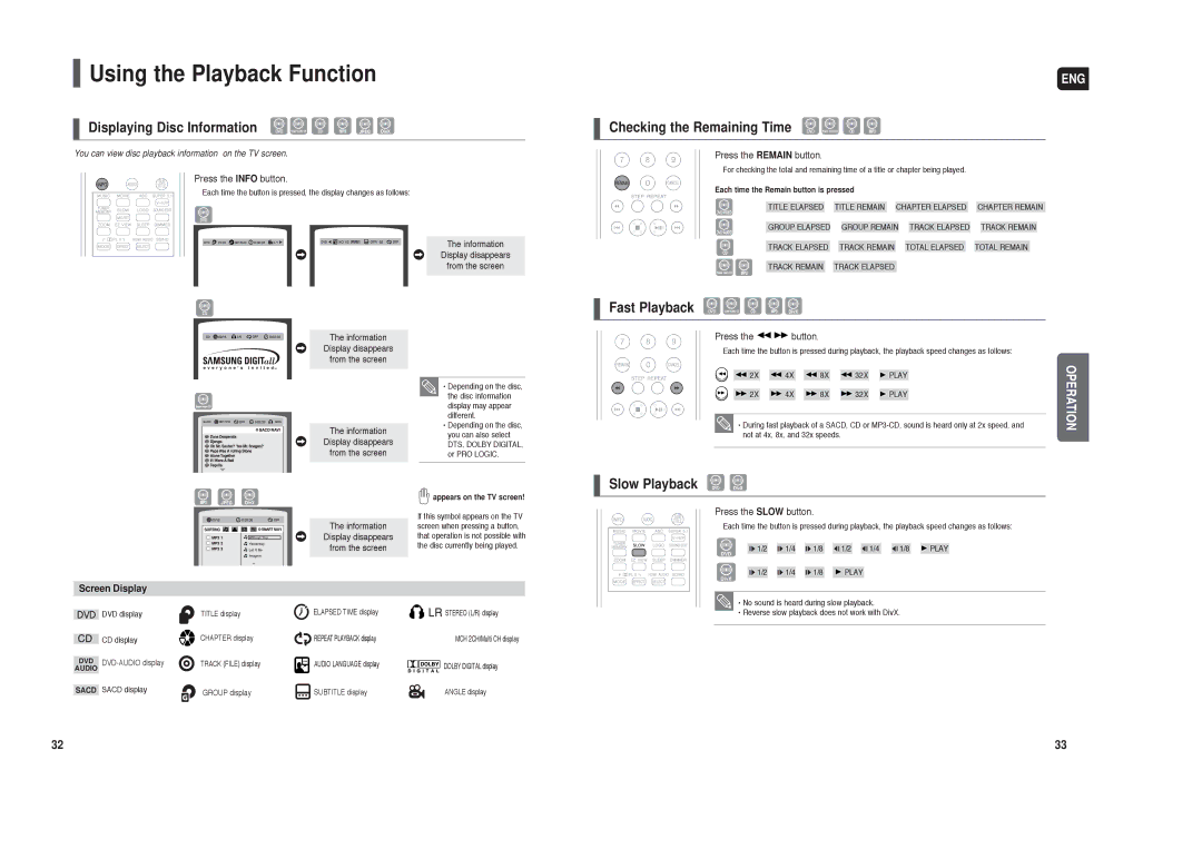 Samsung AH68-01959S Using the Playback Function, Displaying Disc Information, Checking the Remaining Time, Slow Playback 