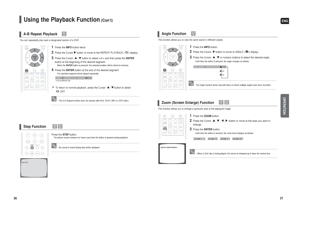 Samsung AH68-01959S instruction manual Step Function, Angle Function, Zoom Screen Enlarge Function 