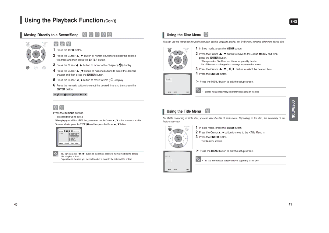 Samsung AH68-01959S instruction manual Moving Directly to a Scene/Song, Using the Disc Menu, Using the Title Menu 