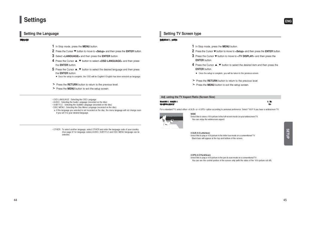 Samsung AH68-01959S Settings, Setting the Language, Setting TV Screen type, Adjusting the TV Aspect Ratio Screen Size 