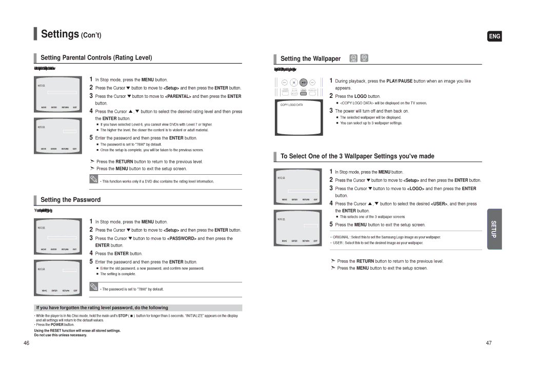 Samsung AH68-01959S Settings Con’t, Setting Parental Controls Rating Level, Setting the Wallpaper, Setting the Password 