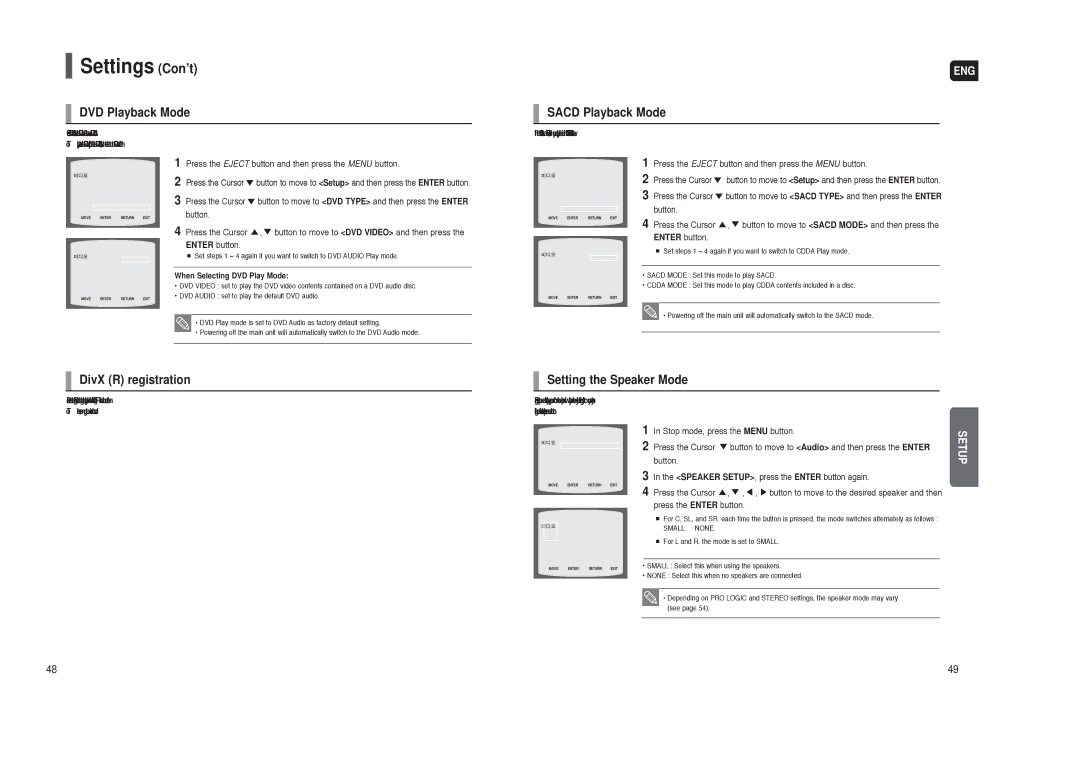 Samsung AH68-01959S DVD Playback Mode, Sacd Playback Mode, DivX R registration Setting the Speaker Mode, Button 