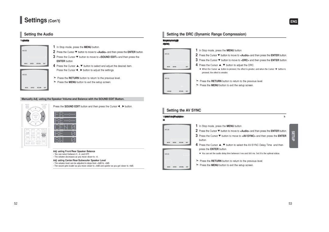 Samsung AH68-01959S instruction manual Setting the Audio, Setting the DRC Dynamic Range Compression, Setting the AV Sync 