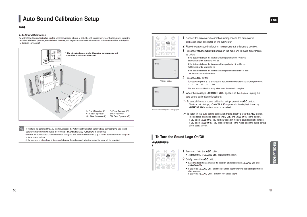 Samsung AH68-01959S instruction manual Auto Sound Calibration Setup, To Turn the Sound Logo On/Off 