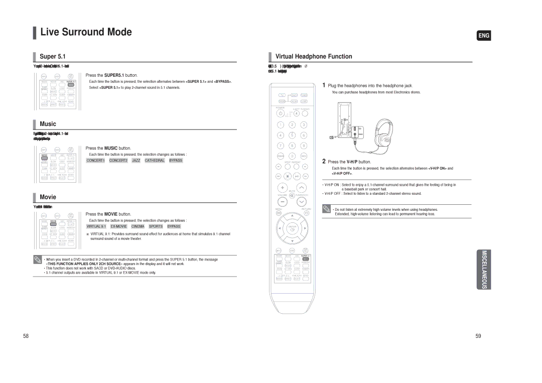 Samsung AH68-01959S instruction manual Live Surround Mode, Super, Music, Movie, Virtual Headphone Function 