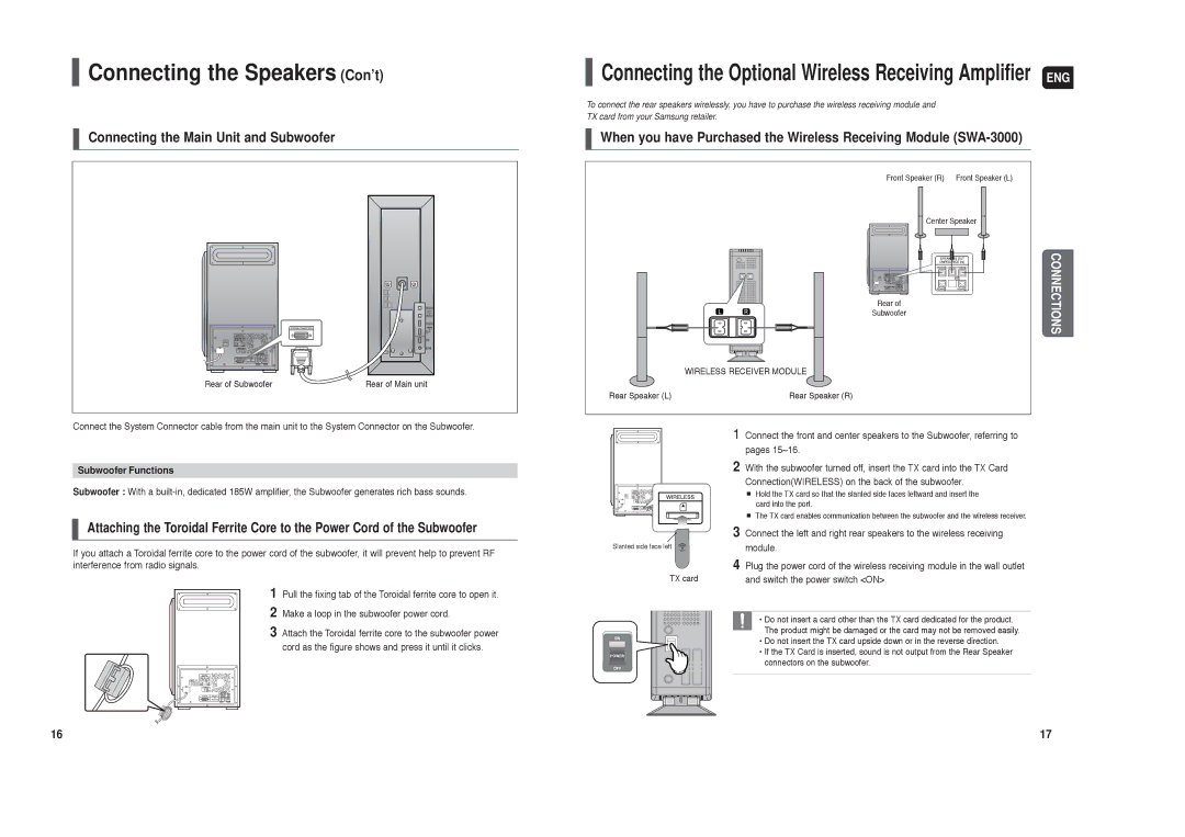 Samsung AH68-01959S Connecting the Speakers Con’t, Connecting the Main Unit and Subwoofer, Subwoofer Functions 