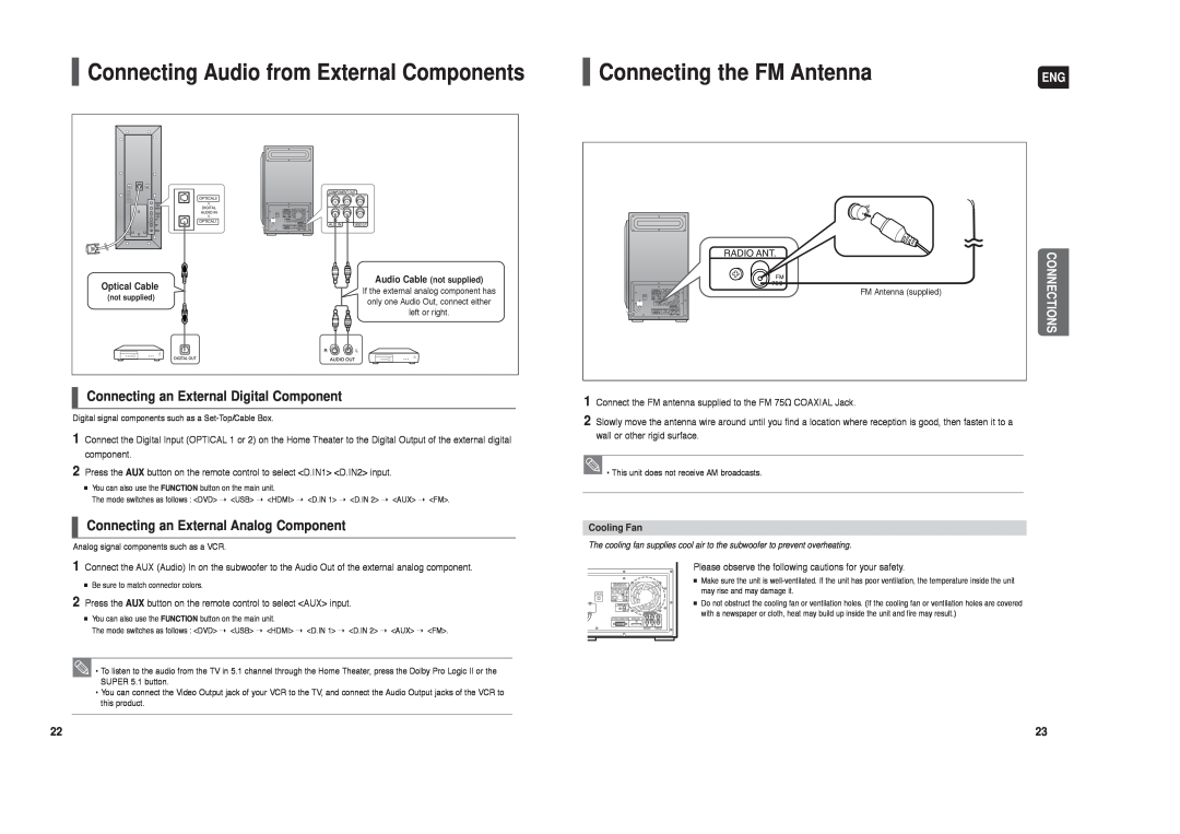 Samsung AH68-01959S instruction manual Connecting the FM Antenna, Connecting an External Digital Component, Connections 
