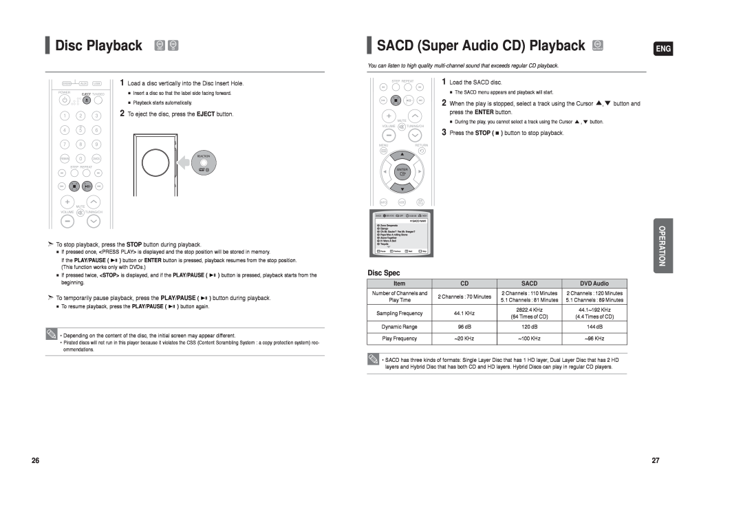 Samsung AH68-01959S instruction manual Disc Playback, SACD Super Audio CD Playback, Disc Spec, Operation 