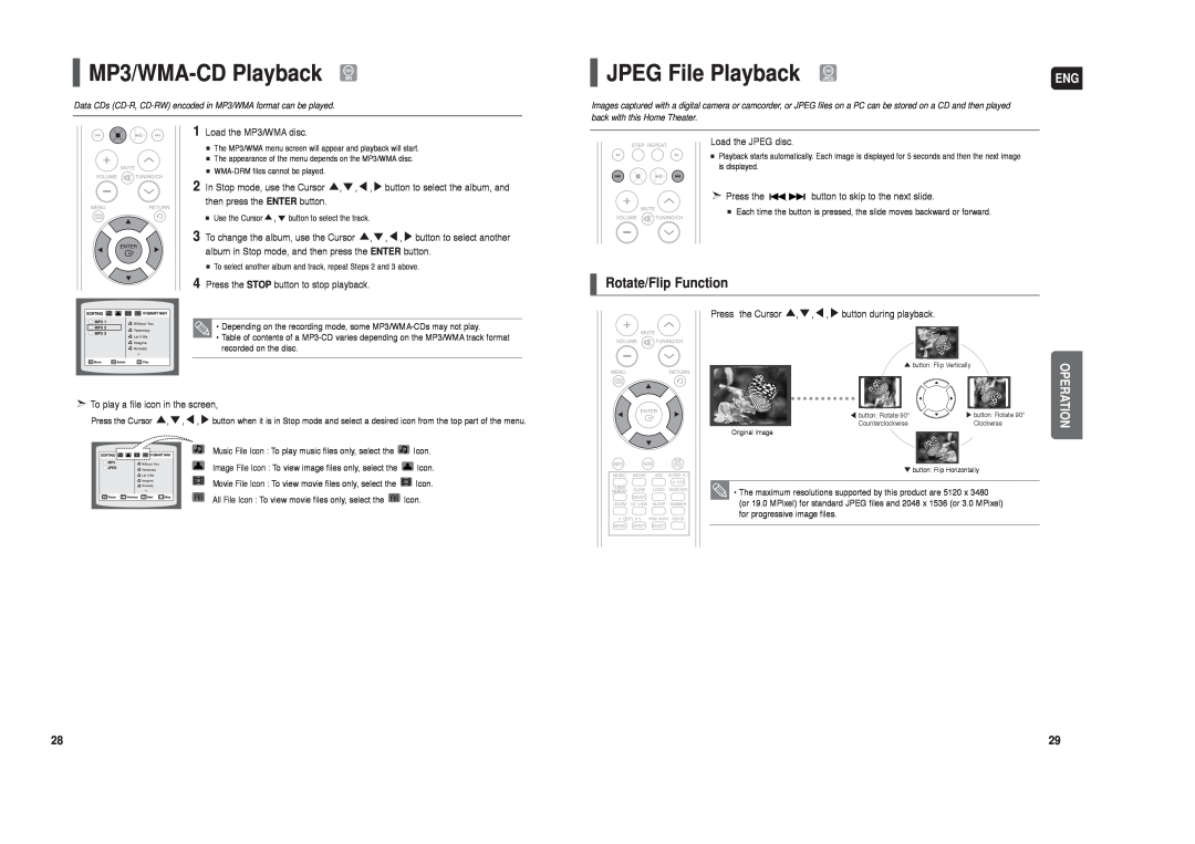Samsung AH68-01959S instruction manual MP3/WMA-CDPlayback, JPEG File Playback, Rotate/Flip Function, Operation 