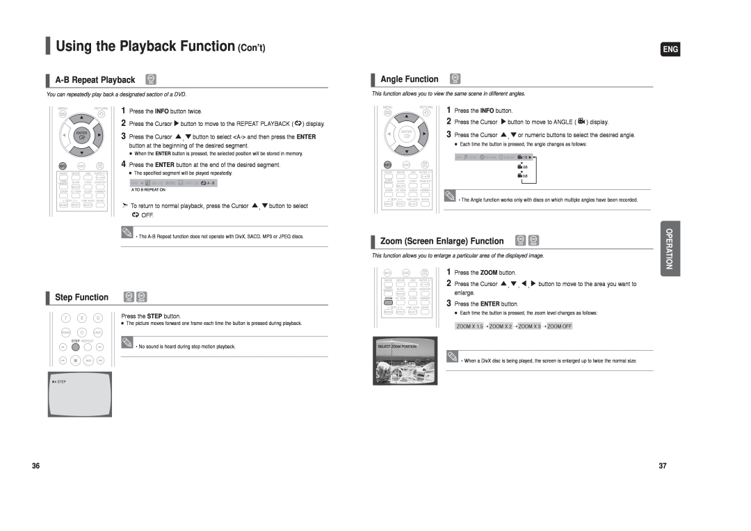Samsung AH68-01959S instruction manual A-BRepeat Playback, Step Function, Angle Function, Zoom Screen Enlarge Function 