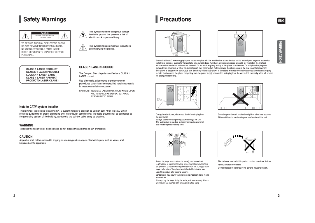 Samsung AH68-01959S instruction manual Safety Warnings, Precautions, Note to CATV system installer, CLASS 1 LASER PRODUCT 