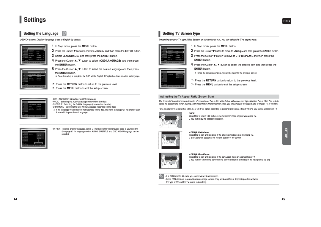 Samsung AH68-01959S instruction manual Settings, Setting the Language, Setting TV Screen type 