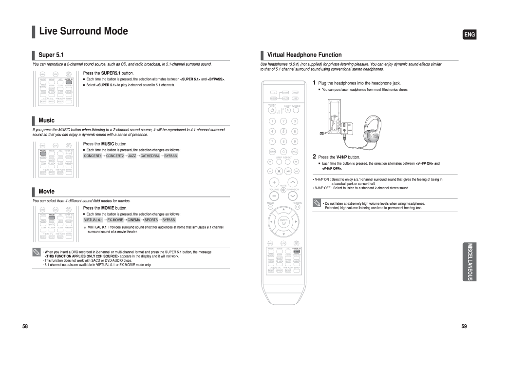 Samsung AH68-01959S instruction manual Live Surround Mode, Super, Music, Movie, Virtual Headphone Function, Miscellaneous 