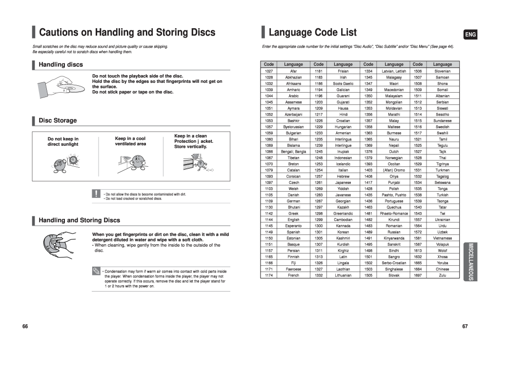 Samsung AH68-01959S Cautions on Handling and Storing Discs, Language Code List, Handling discs, Disc Storage 