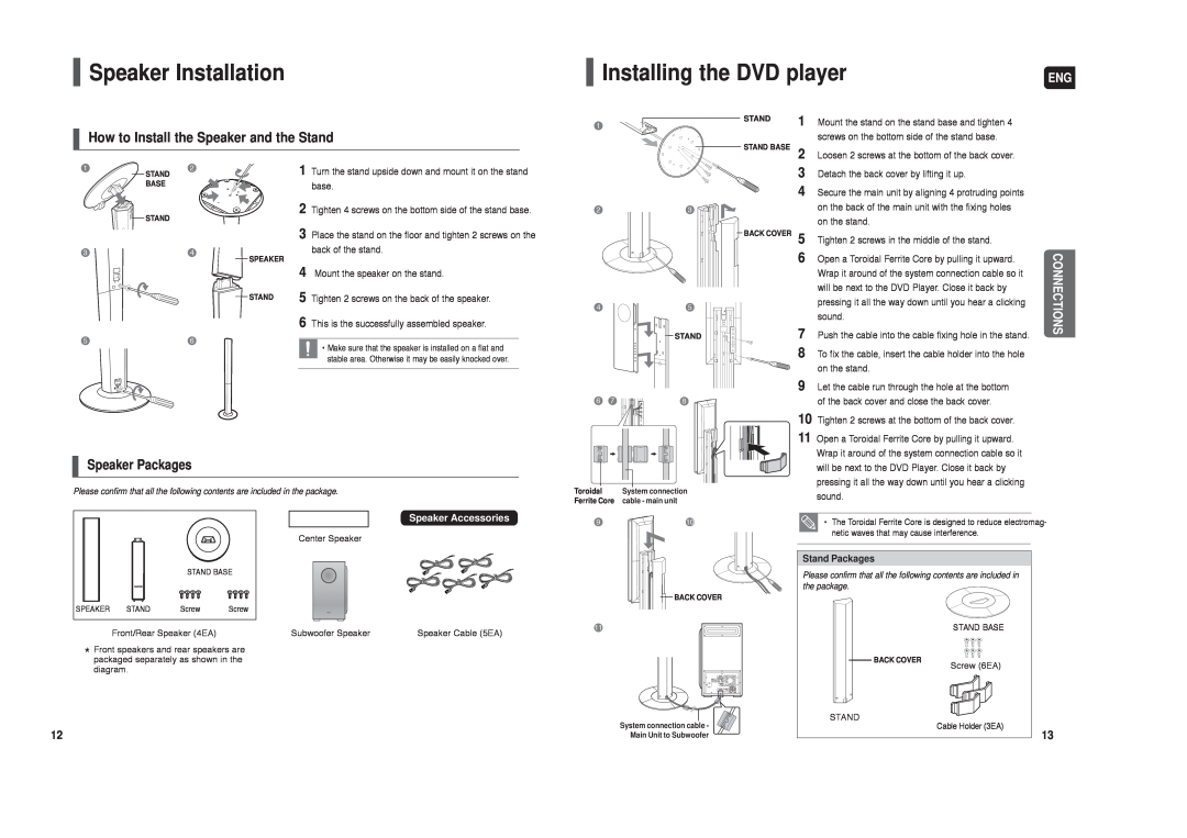 Samsung AH68-01959S Speaker Installation, Installing the DVD player, How to Install the Speaker and the Stand, Connections 