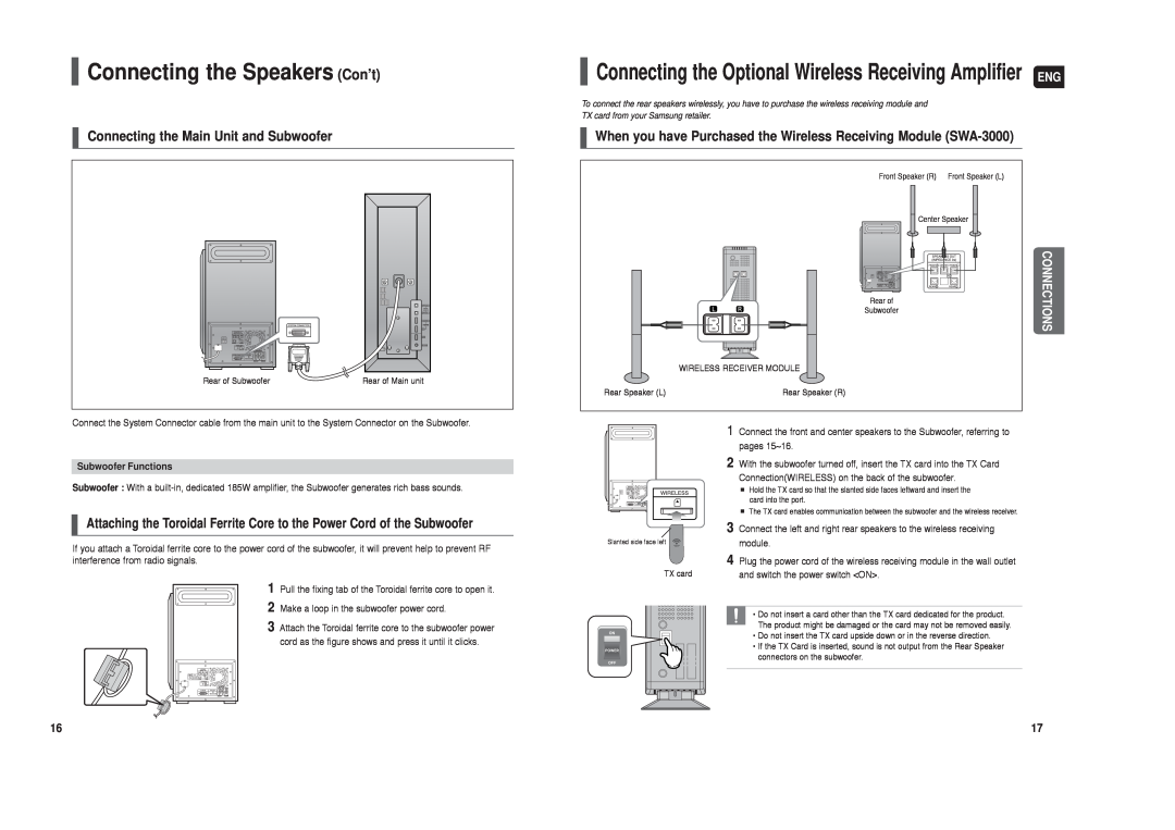 Samsung AH68-01959S instruction manual Connecting the Speakers Con’t, Connecting the Main Unit and Subwoofer, Connections 