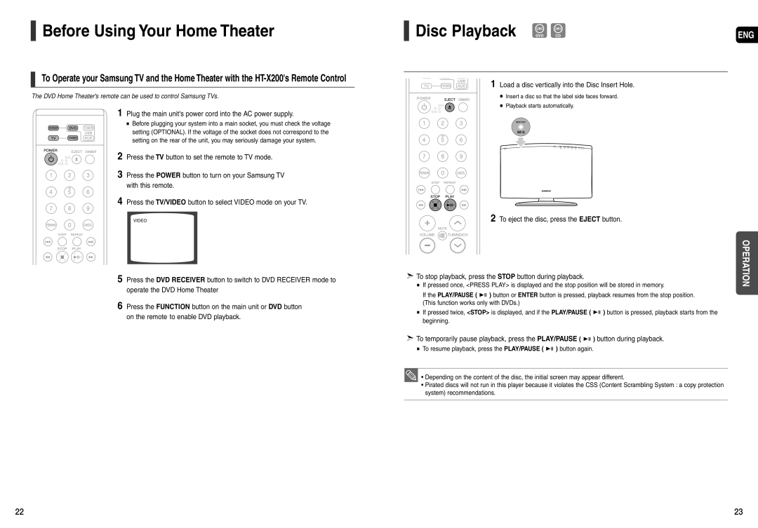 Samsung AH68-01963S Before Using Your Home Theater, Disc Playback DVD CD, Load a disc vertically into the Disc Insert Hole 