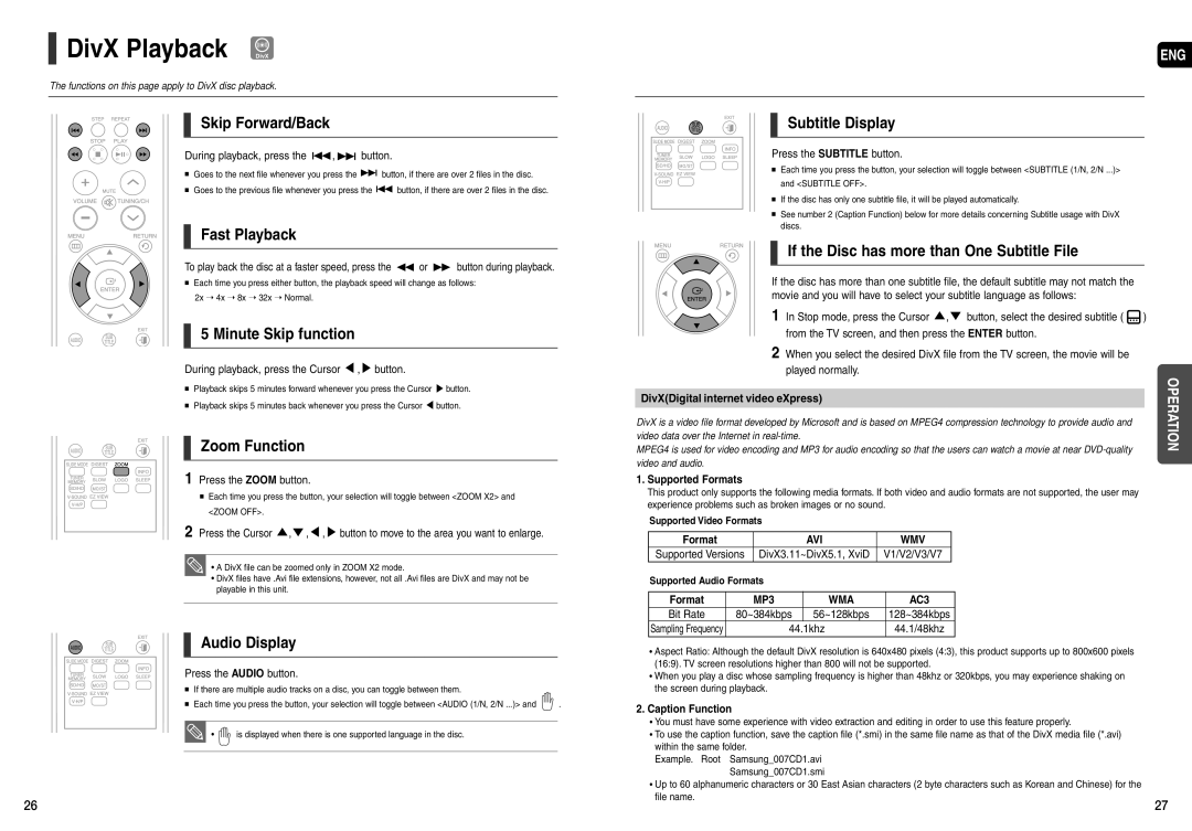 Samsung AH68-01963S, AH68-01943R instruction manual DivX Playback DivX 