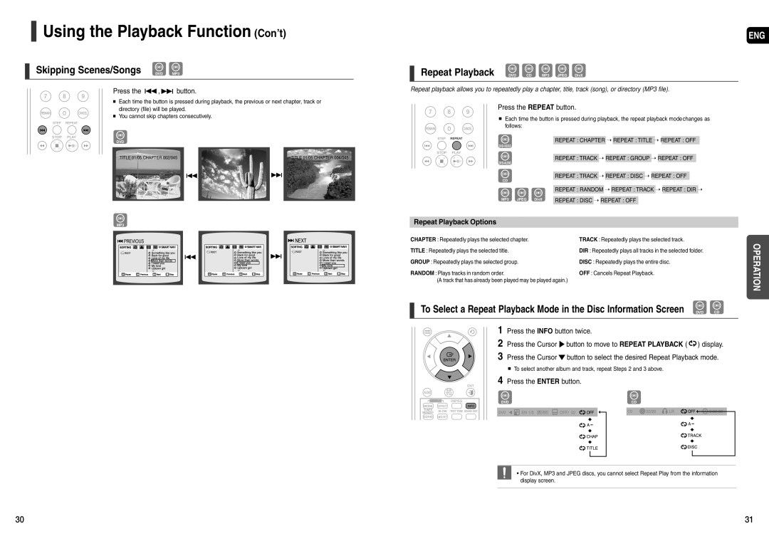 Samsung AH68-01963S, AH68-01943R Using the Playback Function Con’t, Skipping Scenes/Songs DVD MP3, Repeat Playback Options 