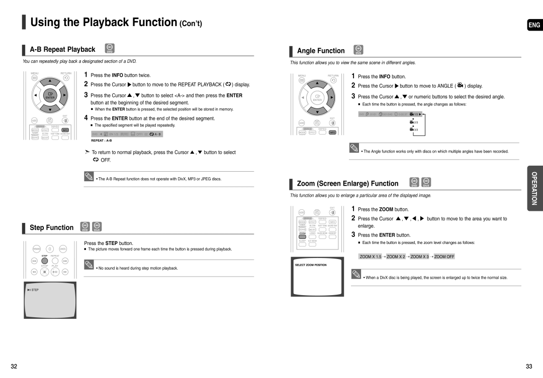 Samsung AH68-01943R, AH68-01963S Repeat Playback DVD, Step Function DVD DivX, Zoom Screen Enlarge Function DVD DivX 