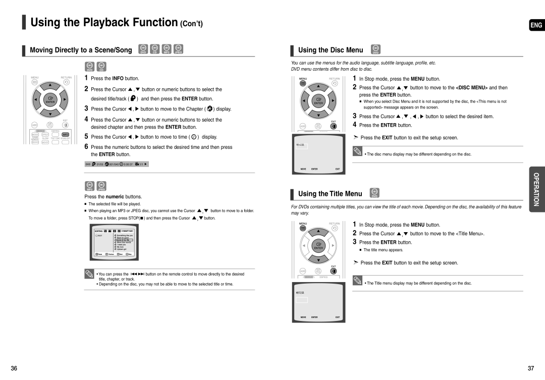 Samsung AH68-01943R, AH68-01963S Using the Disc Menu DVD, Press the Cursor Button or numeric buttons to select 