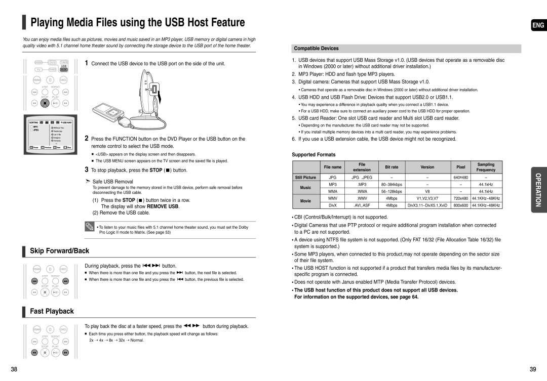 Samsung AH68-01963S To stop playback, press the Stop button Safe USB Removal, Remove the USB cable, Compatible Devices 