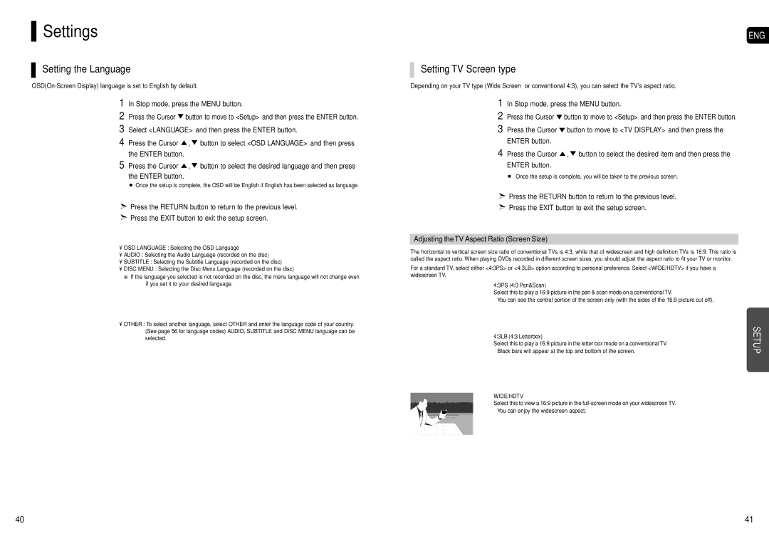 Samsung AH68-01943R, AH68-01963S instruction manual Settings, Setting the Language, Setting TV Screen type 