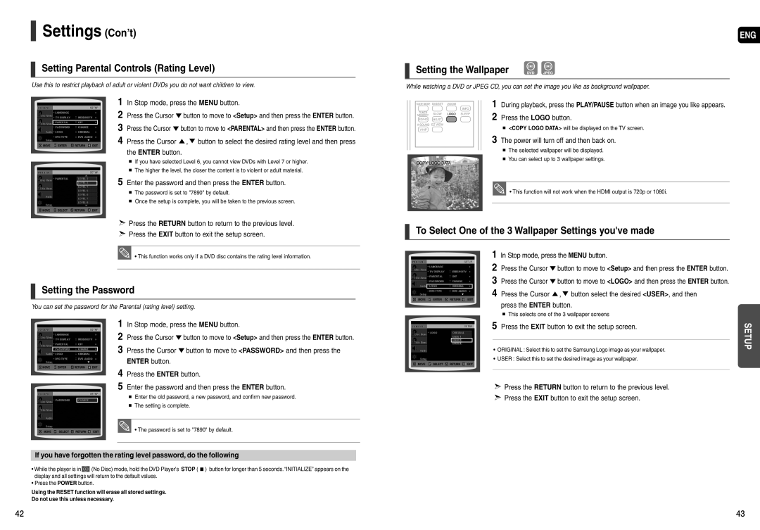 Samsung AH68-01963S, AH68-01943R Settings Con’t, Setting Parental Controls Rating Level, Setting the Password 