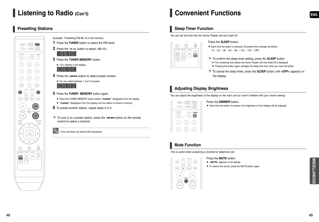 Samsung AH68-01943R, AH68-01963S instruction manual Listening to Radio Con’t, Convenient Functions 