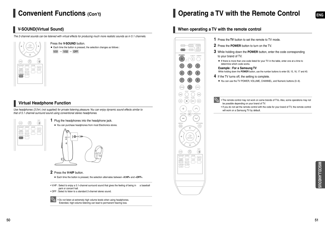 Samsung AH68-01963S, AH68-01943R Convenient Functions Con’t, Operating a TV with the Remote Control, SOUNDVirtual Sound 