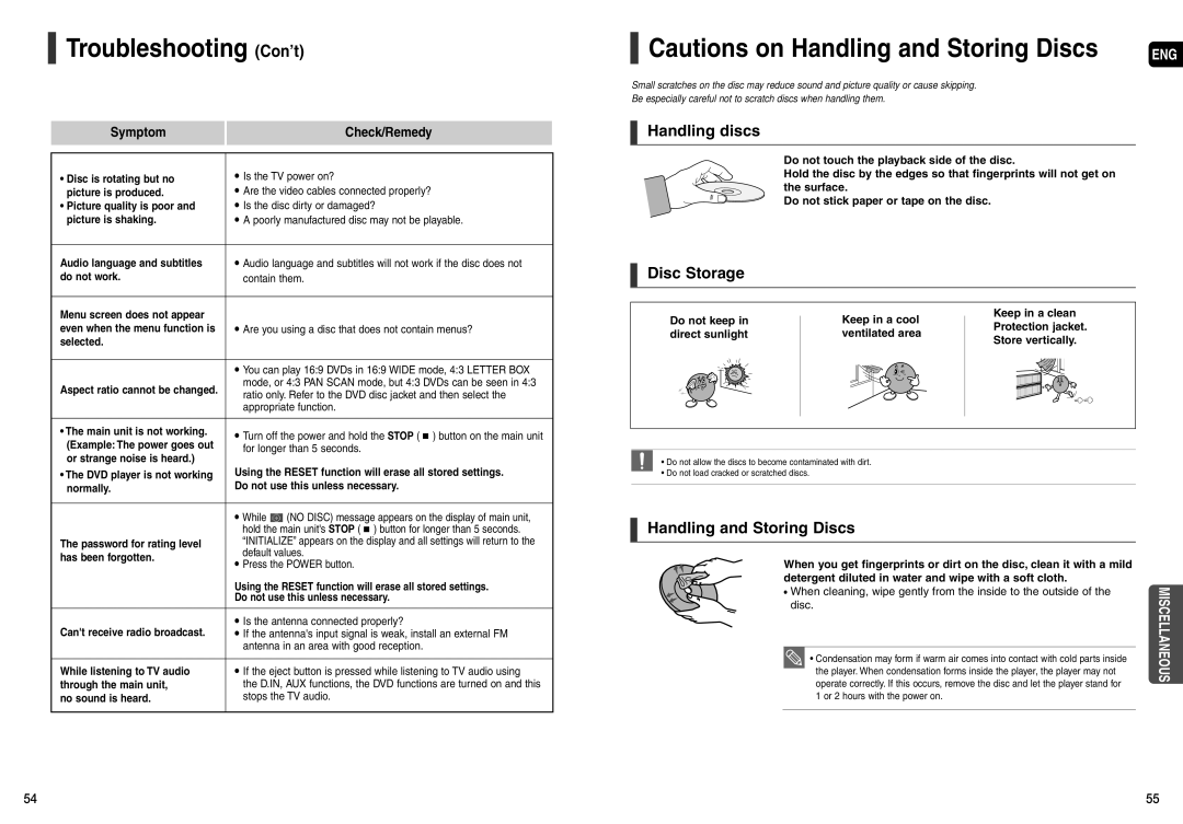 Samsung AH68-01963S, AH68-01943R Troubleshooting Con’t, Handling discs, Disc Storage, Handling and Storing Discs 