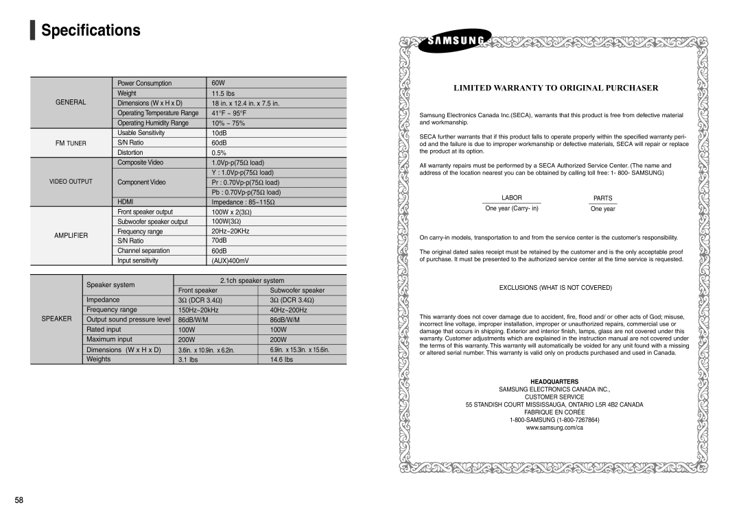 Samsung AH68-01963S, AH68-01943R instruction manual Specifications 