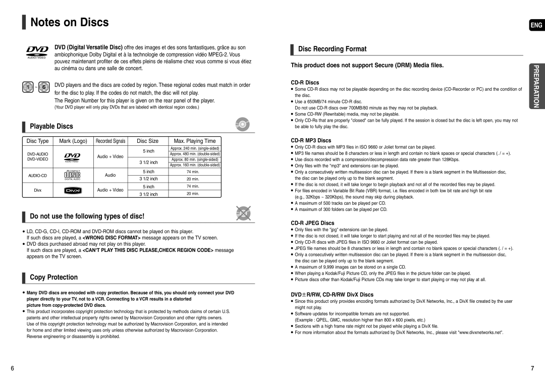 Samsung AH68-01963S Playable Discs, Do not use the following types of disc, Copy Protection, Disc Recording Format 