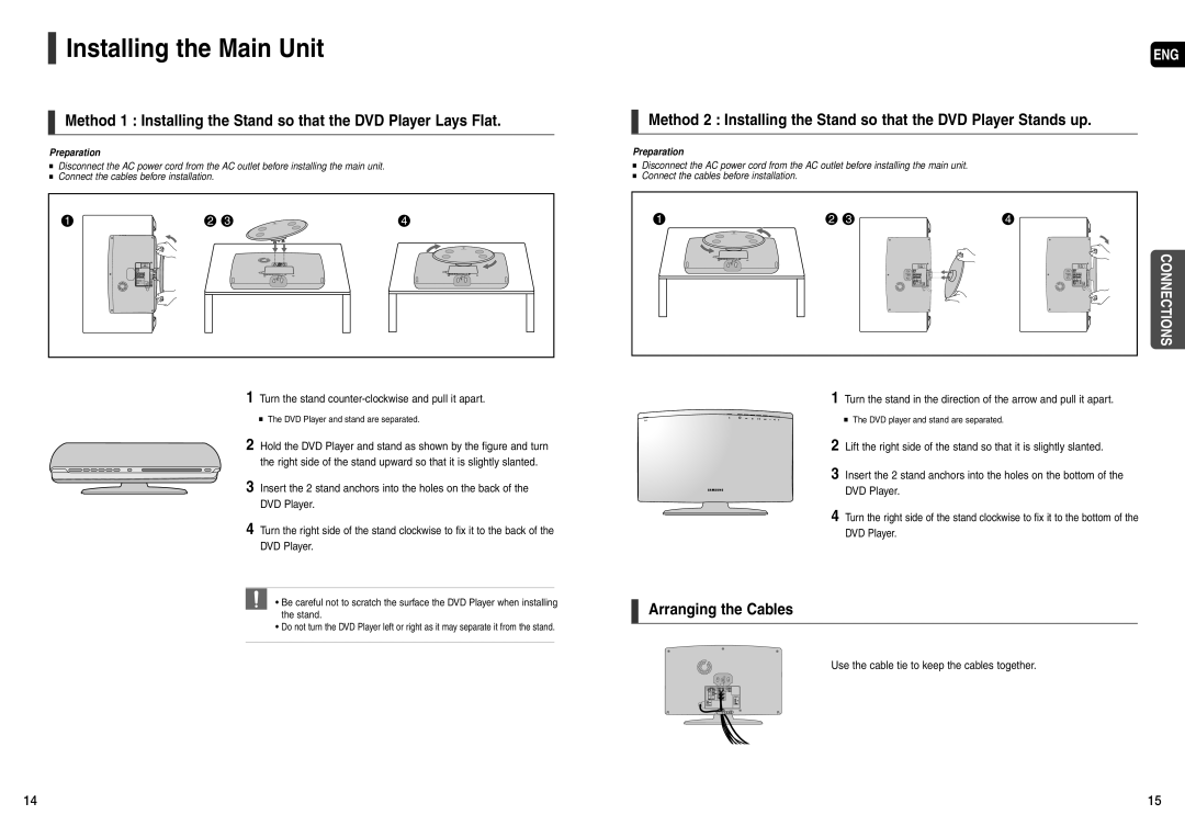 Samsung AH68-01963S Installing the Main Unit, Arranging the Cables, Turn the stand counter-clockwise and pull it apart 