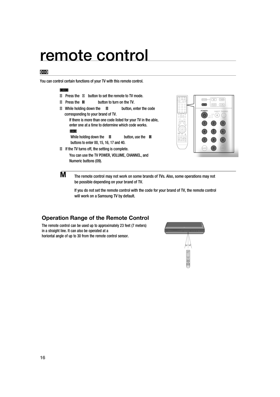 Samsung AH68-02019K manual Setting the Remote Control, Operation Range of the Remote Control 