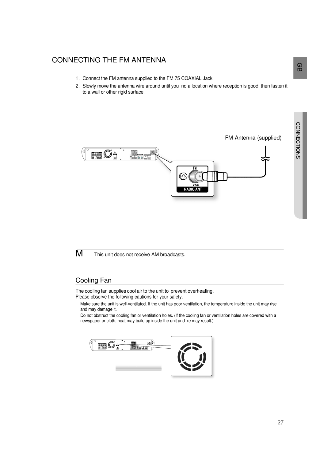 Samsung AH68-02019K manual Connecting the FM Antenna, Cooling Fan, FM Antenna supplied 